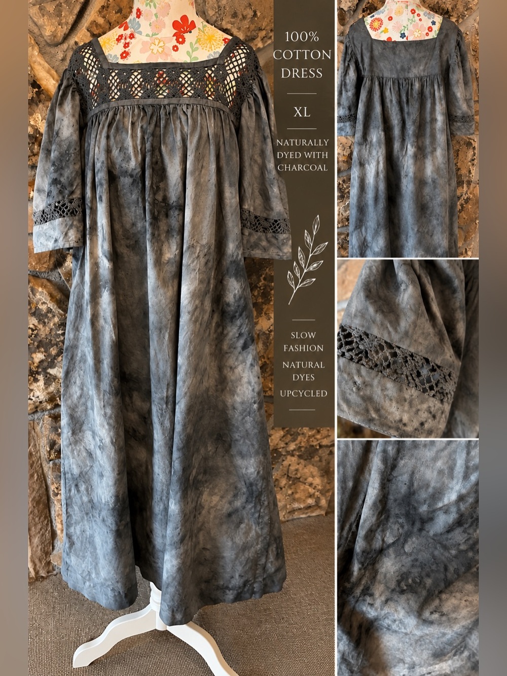 Plant dyed Cotton Dress in Charcoal Gray - Lace Yoke